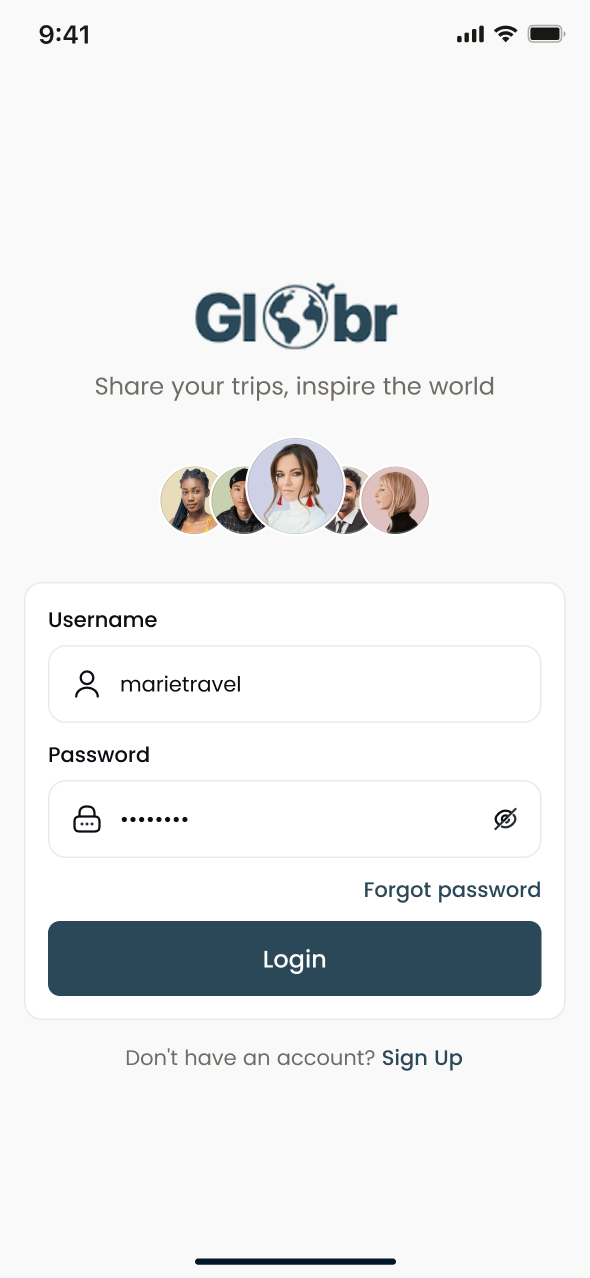 Globr : écran de connexion de l'application